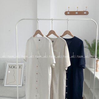 Váy suông linen cổ V cài cúc có dây buộc eo