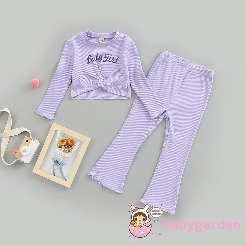 Set Đồ 2 Món Gồm Áo Cổ Thuyền Tay Dài Gân In Chữ + Quần Dài Eo Cao Xếp Ly Cho Bé Gái 2-7 Tuổi