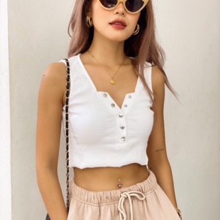 Áo Croptop Sát Nách Cổ Xẻ V Nút Bấm ( Ảnh Thật )