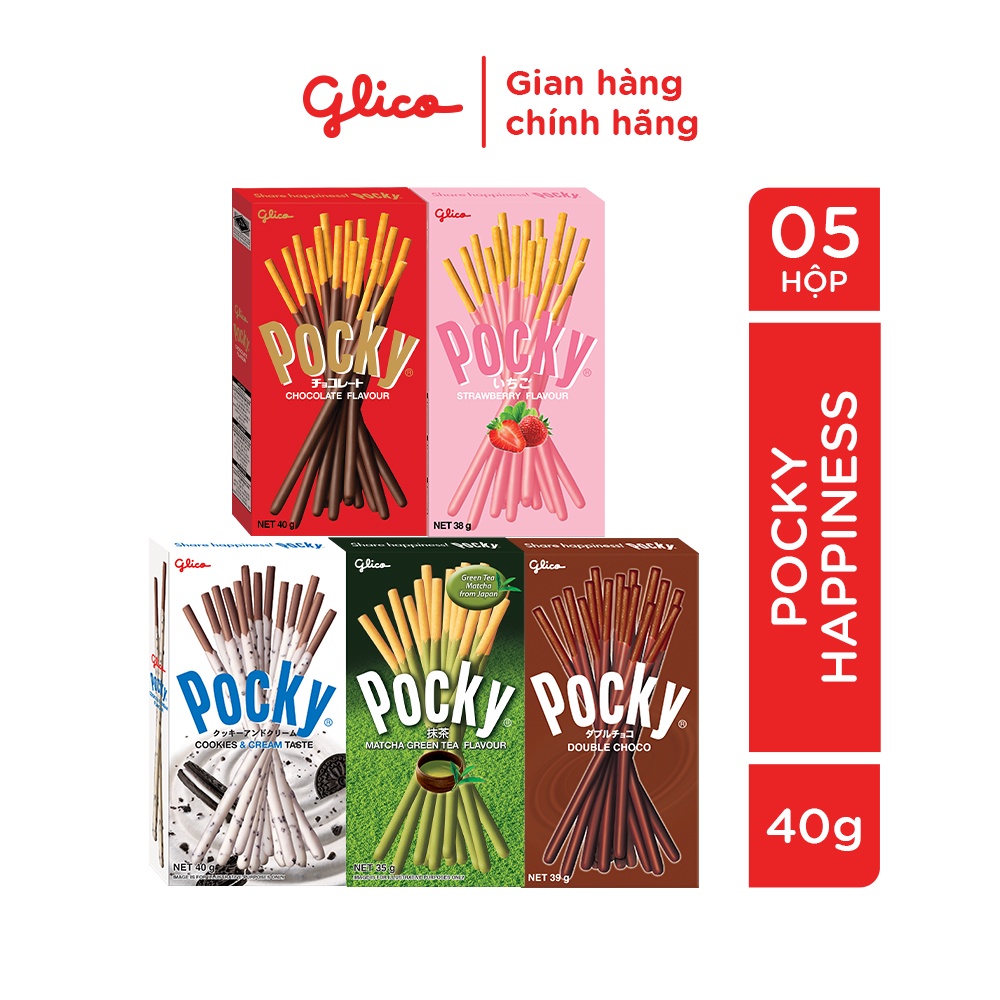 Bánh que phủ kem nhiều vị GLICO Pocky (5 hộp - 1 Socola 1 Dâu 1 Cookie 1 Matcha 1 Double choco)