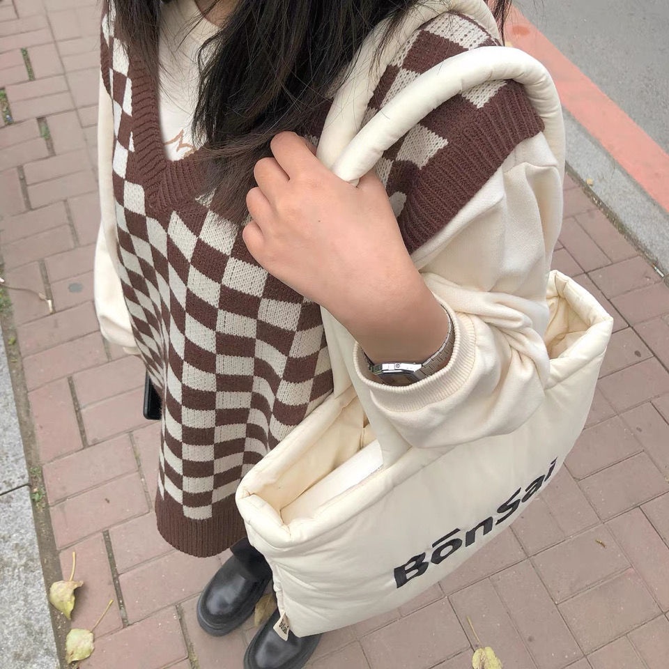 Túi Tote Vải Cotton Hình Vuông Cỡ Lớn Thêu Chữ Dễ Thương Cho Nữ