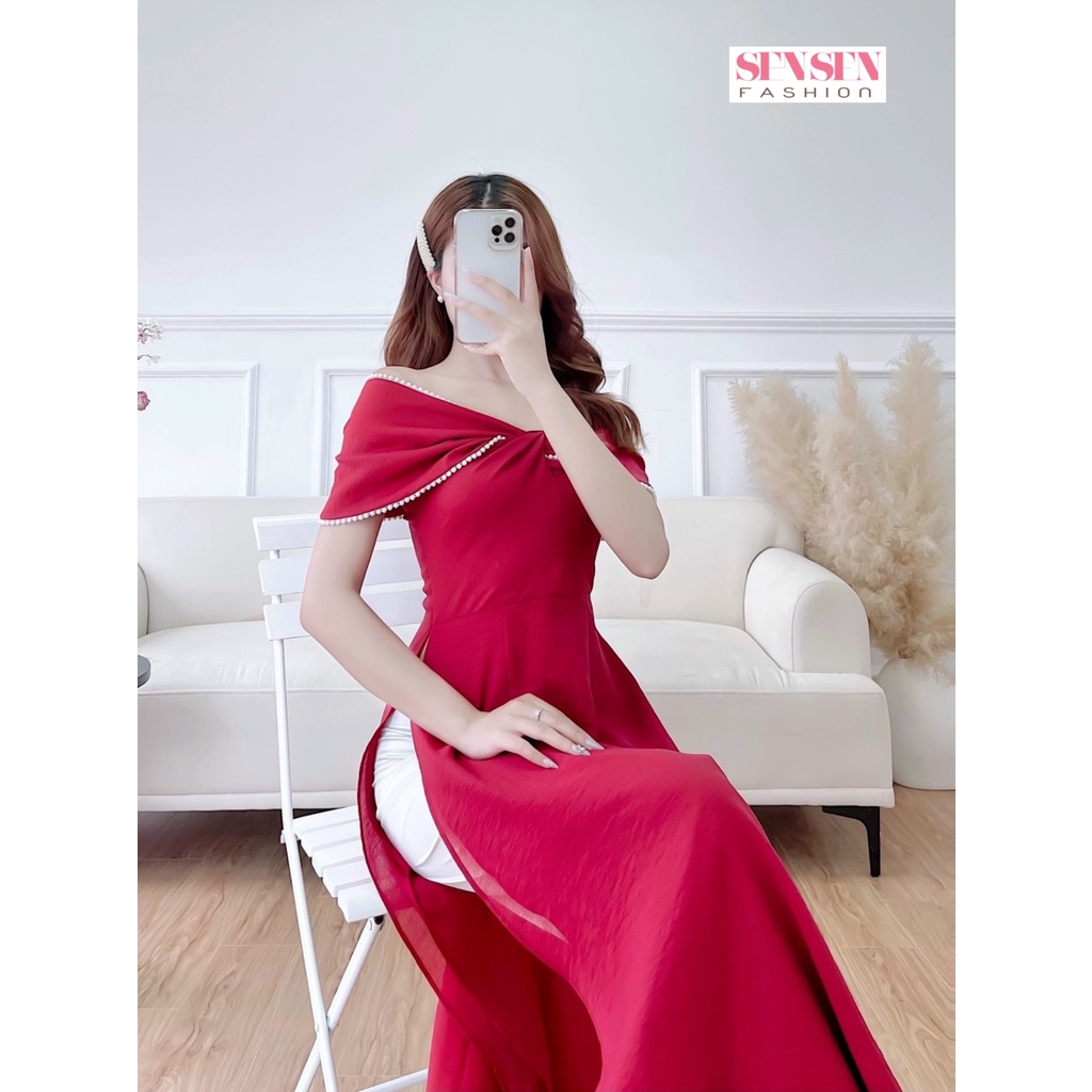 Áo Dài Đỏ Trể Vai Áo Dài Chuẩn Phom Cam kết Chất Lượng