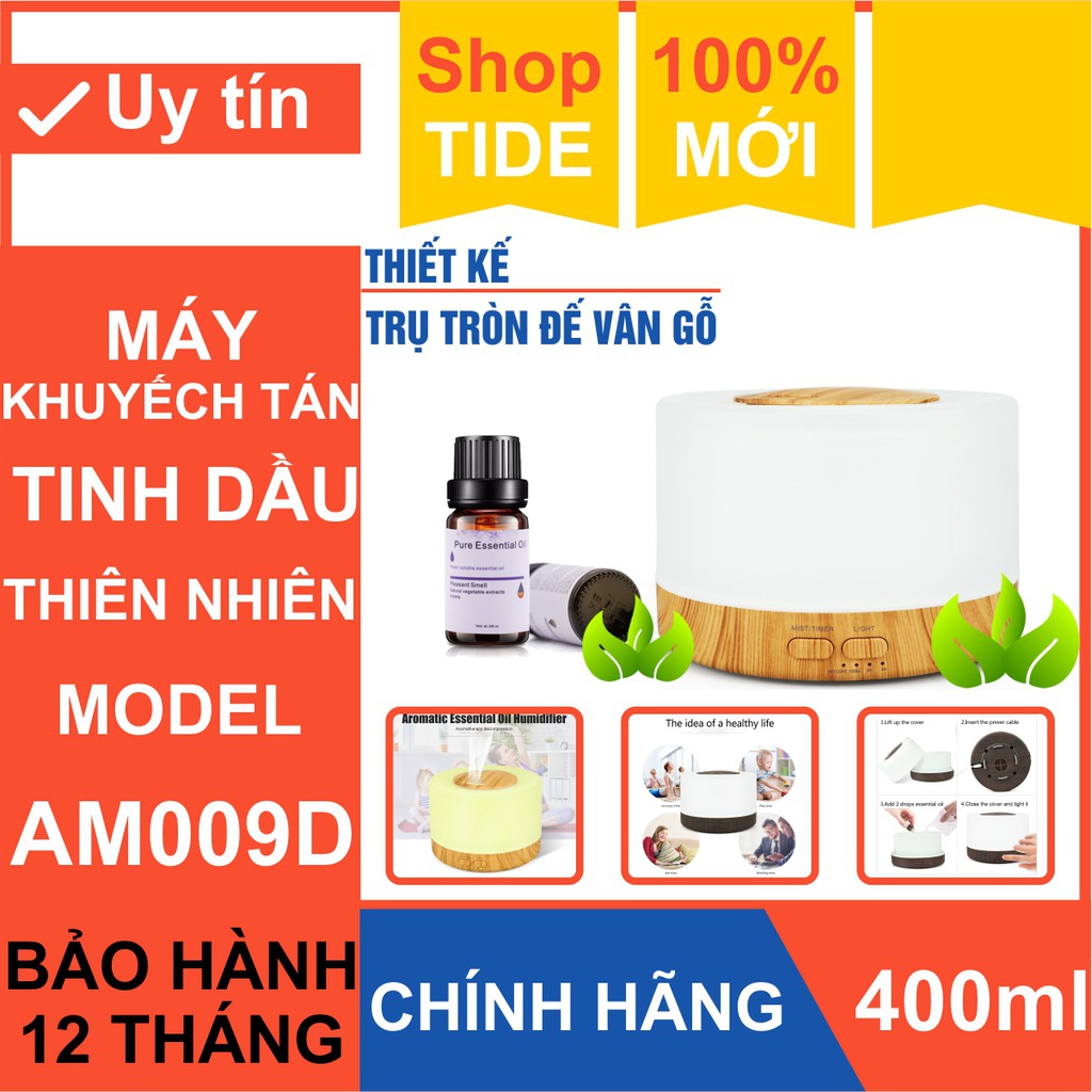 Thiết bị khuếch tán tinh dầu Aroma AM009D – Thiết kế trụ tròn đế vân gỗ – Dung tích 400ml - Led 7 màu – Bảo hành 1 năm