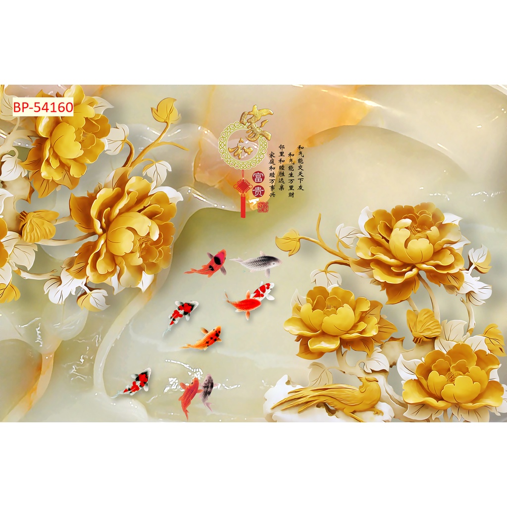 Tranh Cá Chép và Hồ Sen dán tường 3D chất lượng cao