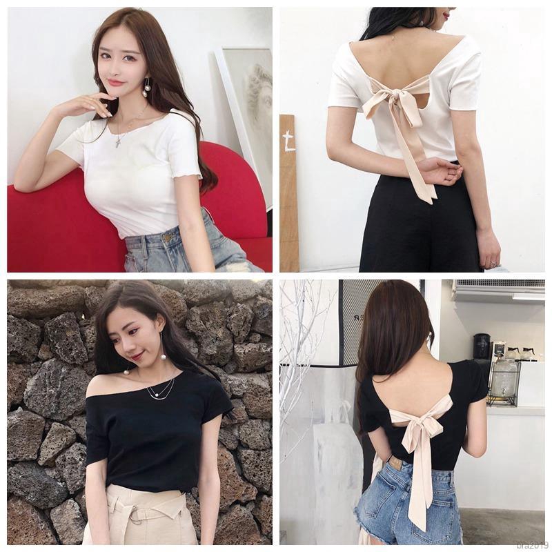 Áo thun ngắn tay thắt nơ sau lưng phong cách thời trang cho nữ