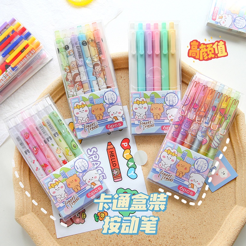 Set 6 Bút Bi Mực Đen 0.5mm Họa Tiết Hoạt Hình Dễ Thương Cho Học Sinh