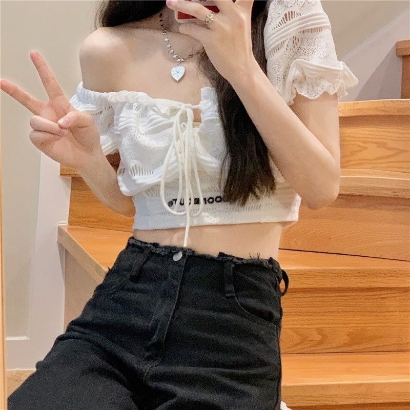 Đầm Ngắn Tay Phồng Cổ Vuông Eo Cao Phối Ren Thời Trang Mùa Hè Cho Nữ