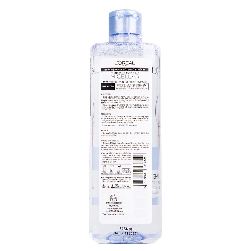 Nước Tẩy Trang L'Oréal Paris tươi mát da 400ml hút sạch bụi mịn dịu nhẹ