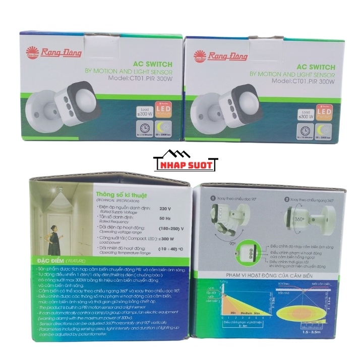 Mắt Cảm Biến Chuyển Động Hồng Ngoại Của Rạng Đông 300W Có Thể Điều Chỉnh Góc Cảm Biến (Model: CT01.PIR 300W)