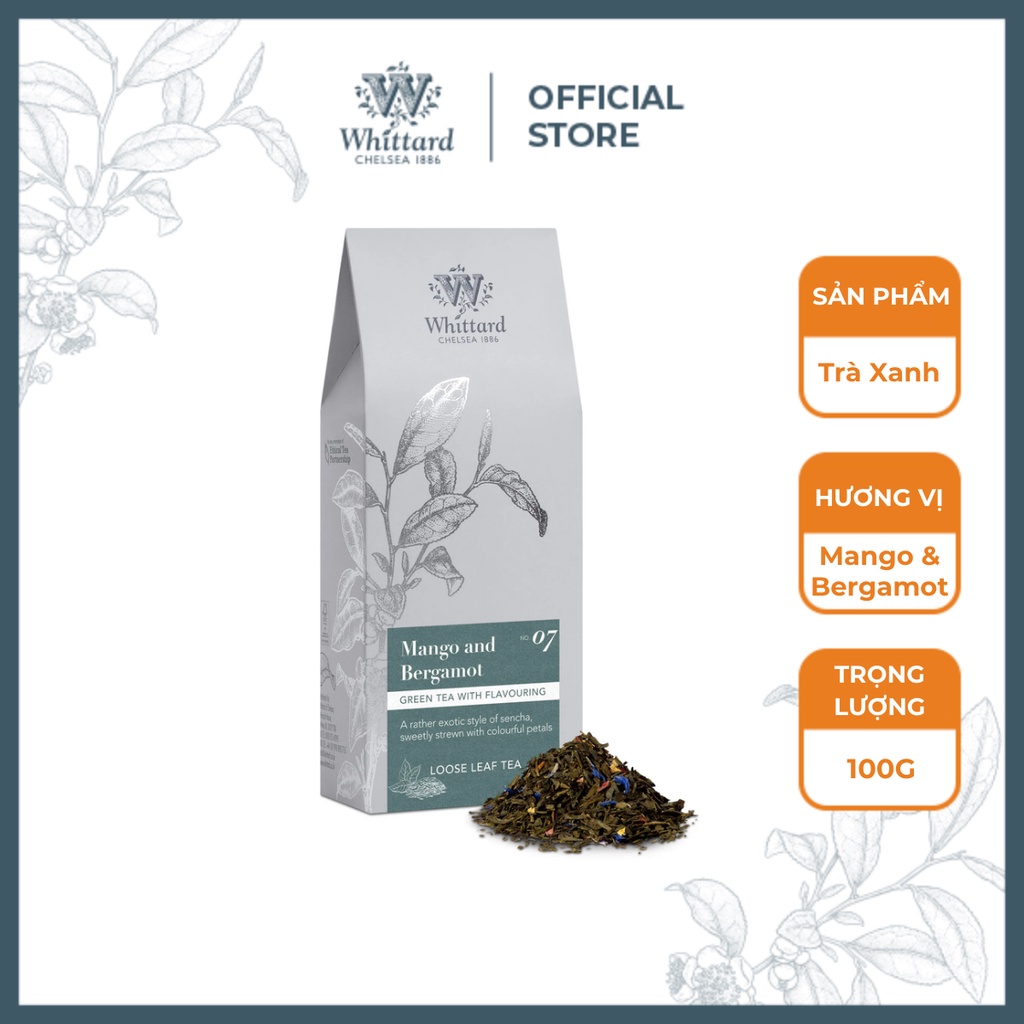 Trà xanh Anh Quốc Whittard Classics Mango & Bergamot (trà nguyên lá hộp giấy, 100g)