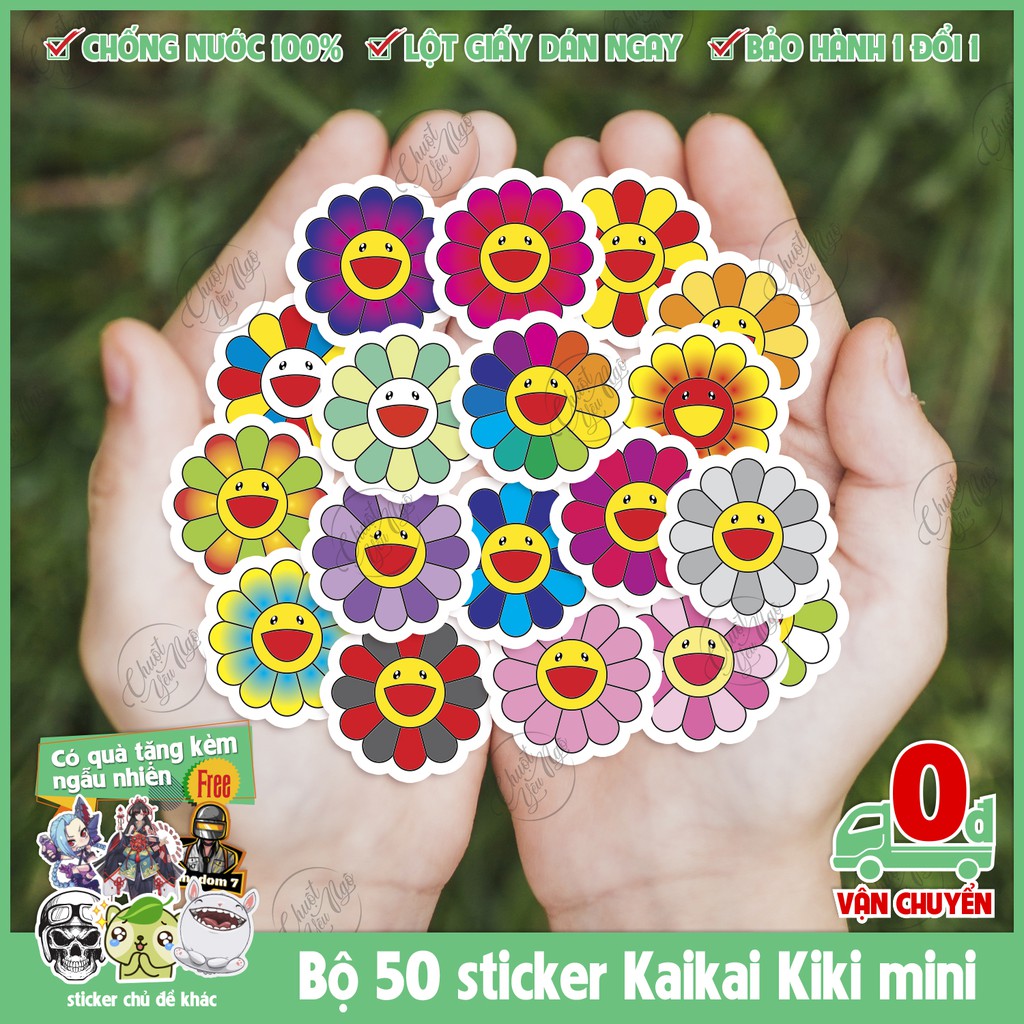 Bộ 50 sticker mini hình dán chủ đề hoa mặt trời hoa cầu vòng Kaikai kiki vui nhộn chống nước dán điện thoại,...