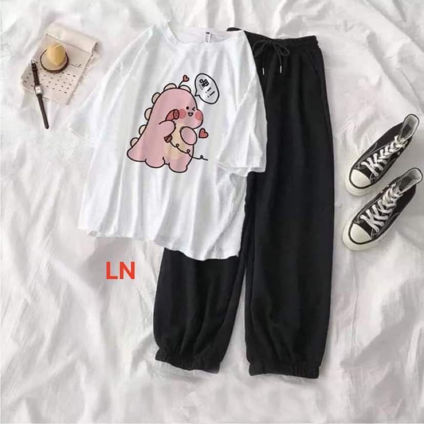 Sét áo áo phông khủng long hồng + quần chun gấu LNG0221
