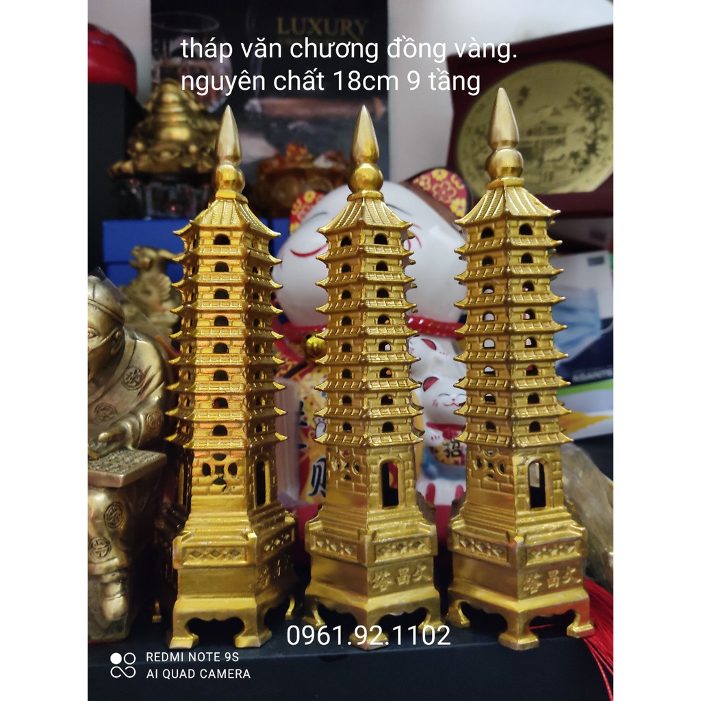 ( Giá rẻ nhất) Tháp Văn Xương Bằng Đồng Vàng ( 18cm 9 tầng) Cầu Đỗ Đạt hàng y hình