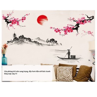 Sticker Trang Trí Decal Dán Tường Phòng Khách Tranh Thủy Mặc DKN015