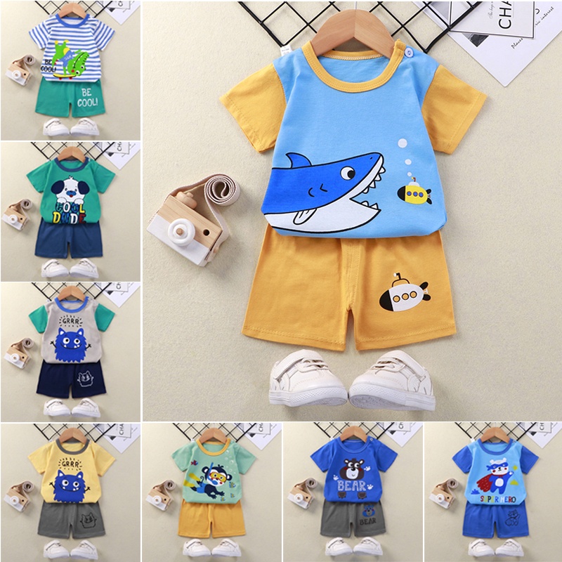 Bộ Áo Thun Tay Ngắn 100% Cotton In Họa Tiết Động Vật Hoạt Hình + Quần Dài Thời Trang Mùa Hè Cho Bé Trai 1-7 Tuổi