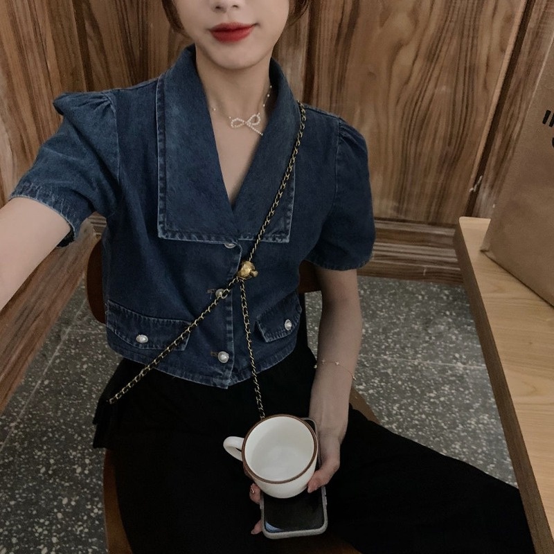 Áo Sơ Mi Denim Tay Ngắn Phong Cách Hàn Quốc Đơn Giản Dễ Phối Đồ Cho Nữ