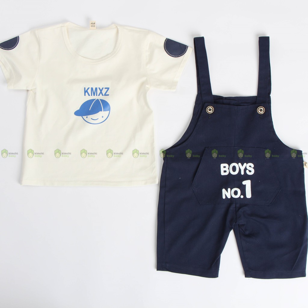 Yếm quần bé trai vải kaki kèm áo thun cotton Boys No.1, set bé trai quần yếm Kimchibaby BBT2101