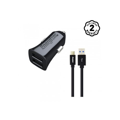 Sạc Ô tô Energizer 2 cổng USB 2.4A kèm cáp USB-C2.0 cho xe hơi - DCA2BHC23