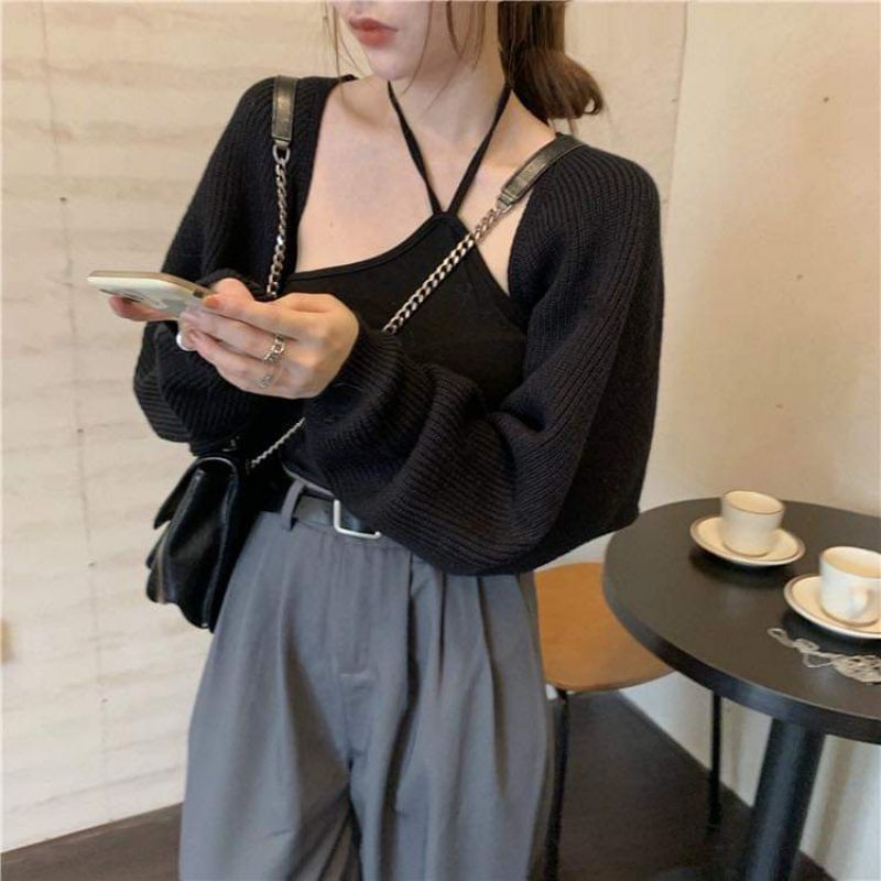 Áo khoác len cardigan Dáng Lửng không cúc.