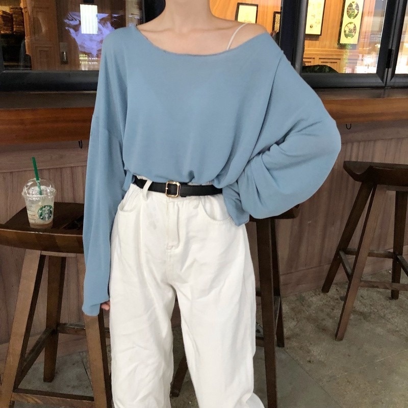 Casual all-match thin simple solid color loose long-sleeved sunscreen bottoming t-shirt