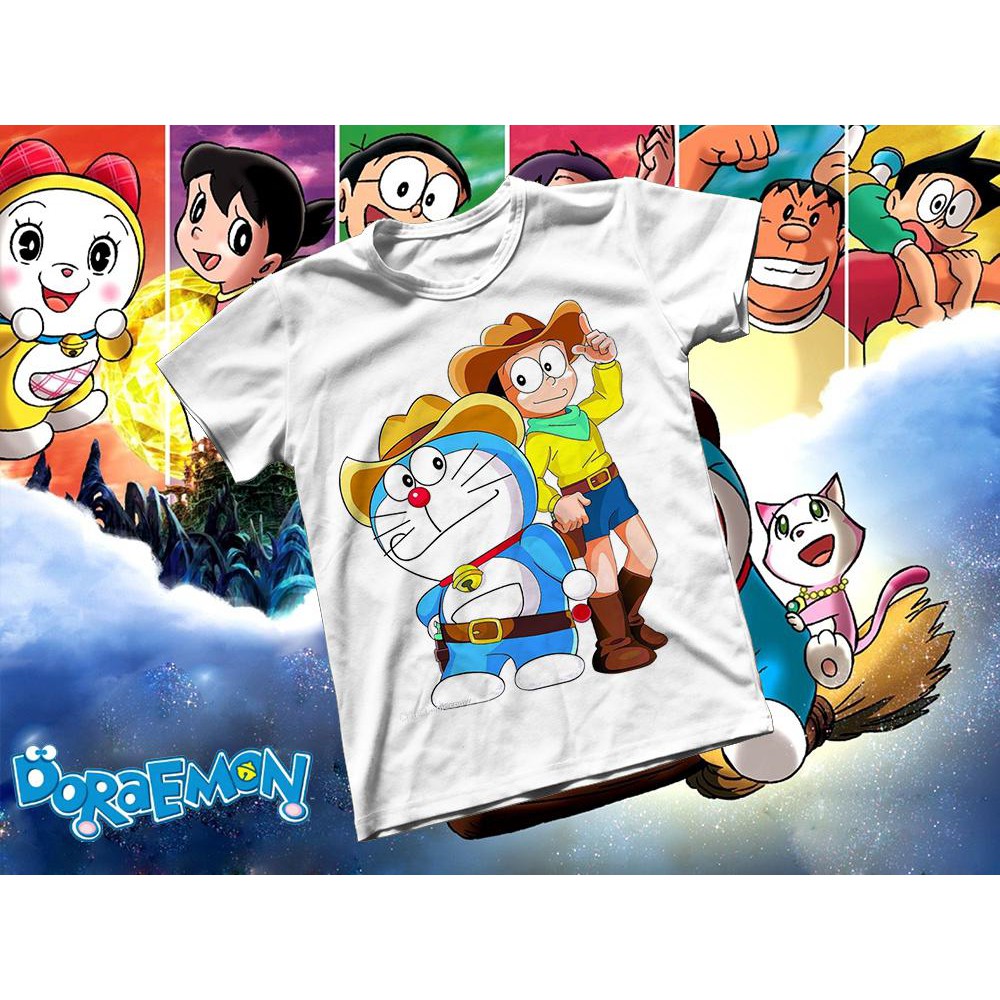 Áo thun Cotton Unisex - Anime - Doraemon - Doraemon và nobita cao bồi miền viễn tây