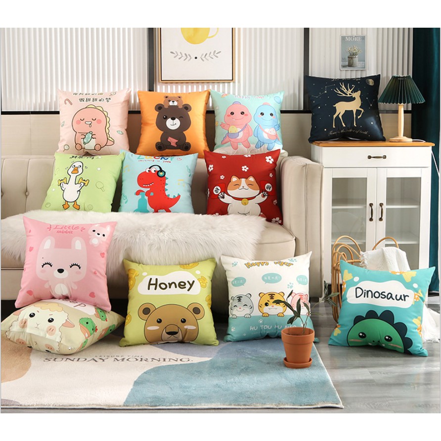 (Vỏ+Ruột) Gối tựa lưng sofa trang trí mẫu hoạt hình cute, hoa lá - Gối vuông decor 45x45cm chất lượng