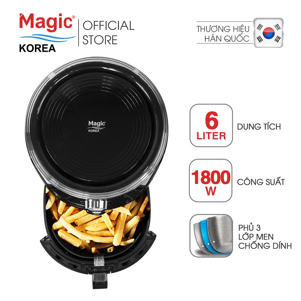 Nồi chiên không dầu Magic Korea A-801 Đen 6L cho gia đình 6-8 người,chiên nướng nguyên con gà 1.8kg - Hàng chính hãng