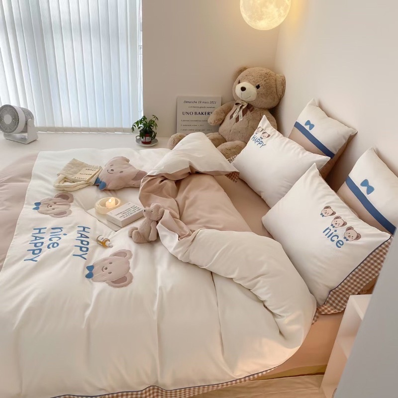 Bộ chăn ga gối lụa 100s gấu teddy xinh xắn 7 món cao cấp