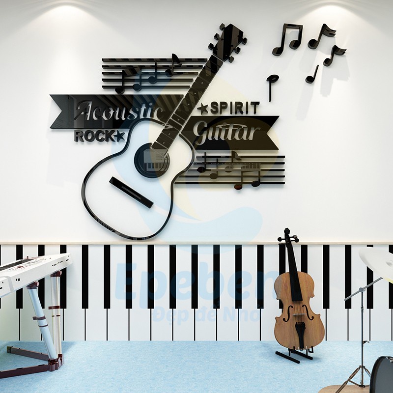 Tranh dán tường mica 3d decor khổ lớn acoustic guitar spirit rock trang trí phòng nhạc Nhiều Size - EPeBen