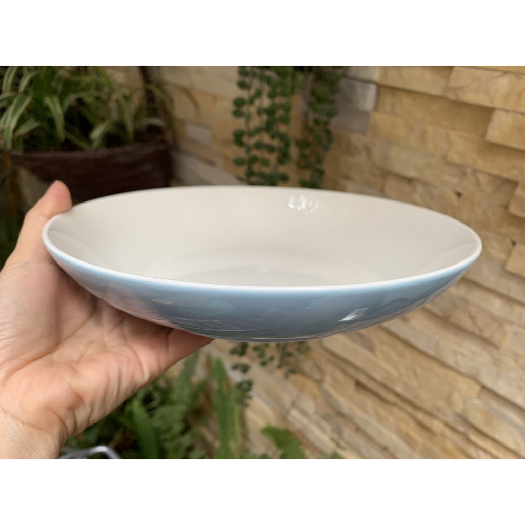 Đĩa sứ trắng sâu lòng 20cm men ngoài xanh pastel