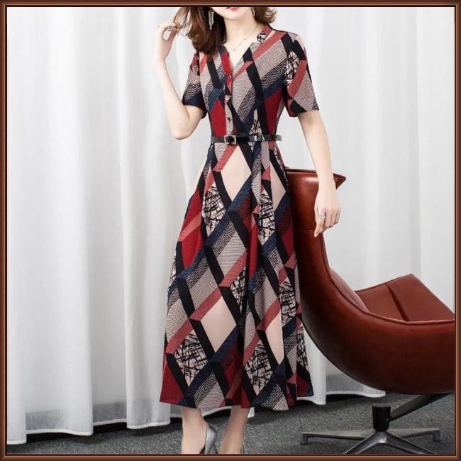 Đầm Dài Cổ Chữ V Tay Ngắn Họa Tiết Kẻ Ô Kèm Thắt Lưng Phong Cách Cổ Điển Dành Cho Nữ