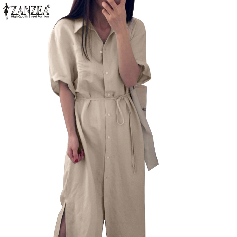 Đầm dài ZANZEA xẻ tà cổ bẻ gài nút tay lỡ thời trang cho nữ