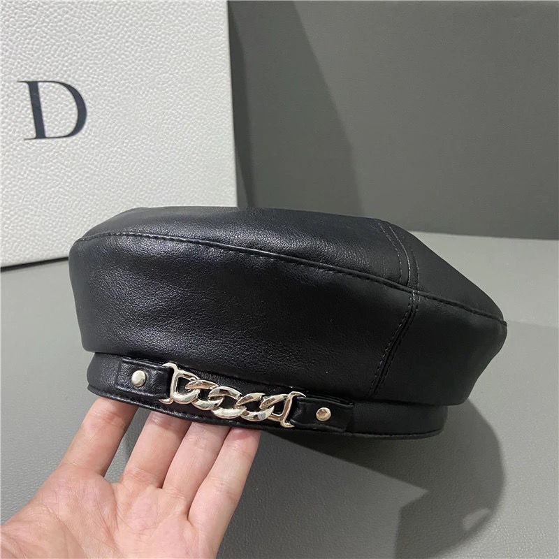 Mũ beret họa sĩ da PU bát giác đỉnh phẳng phối chuỗi dây phong cách Anh Quốc retro thời trang dành cho nữ màu nâu
