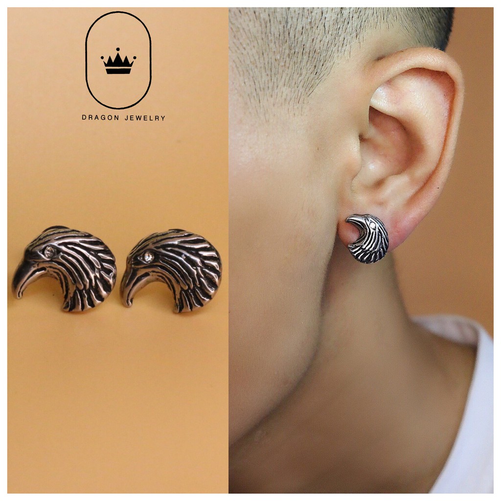 Khuyên tai nam nữ đẹp chất khuyên xỏ nam nữ hoạ tiết chim ưng siêu chất Hawk Earring Dragon Jewelry Vietnam mã E29S1