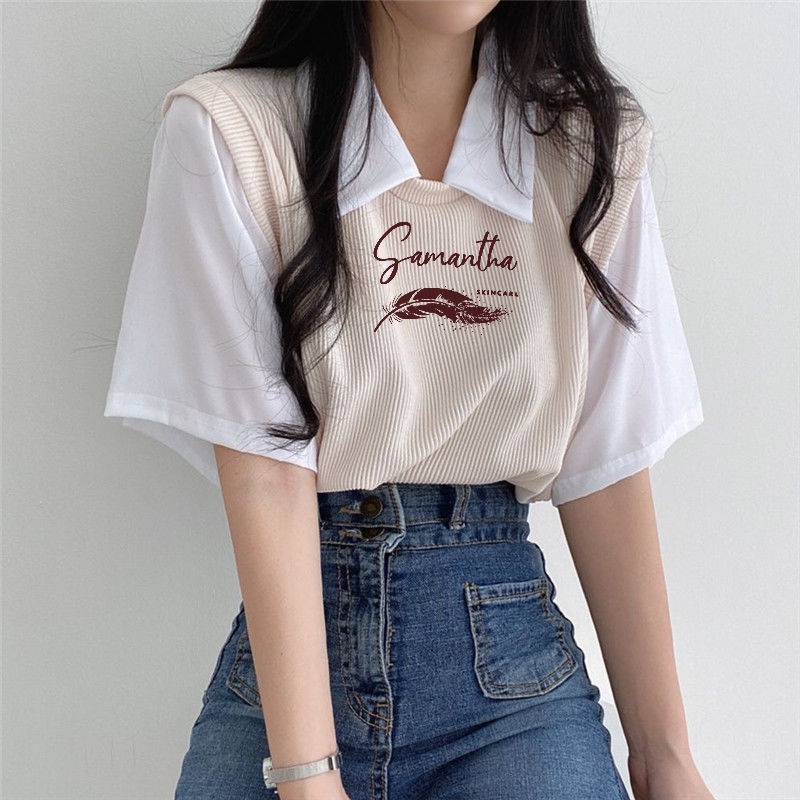 Áo polo Giả Hai Lớp Tay Ngắn Dáng Rộng Màu Sắc Tương Phản Thời Trang Dành Cho Nữ