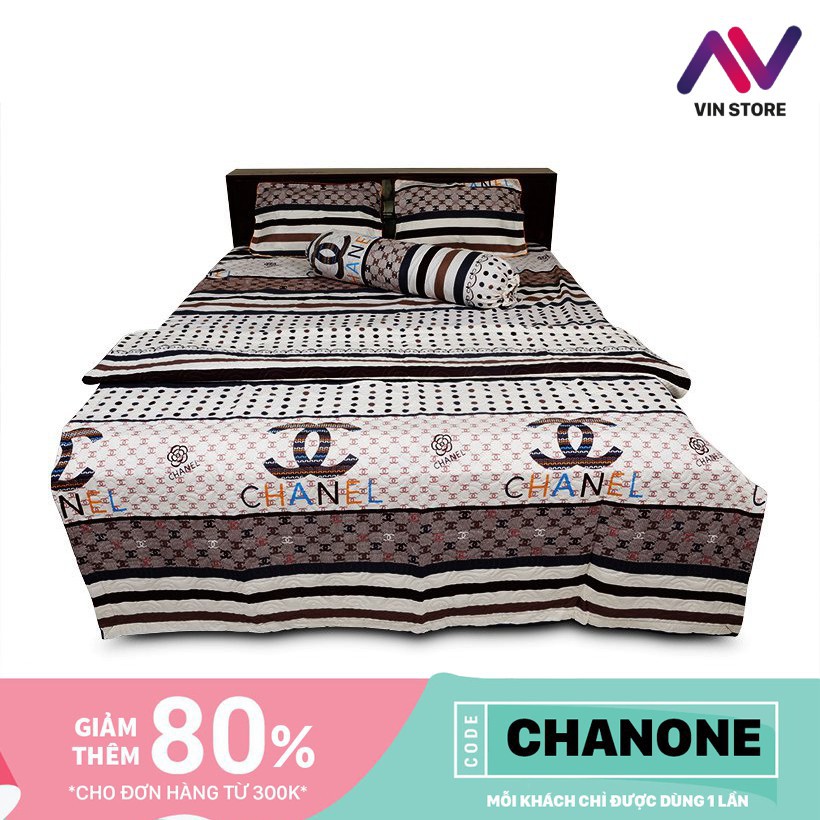 Set Chăn Ga 5 Món EM7007 Channel Cao Cấp / 1 Gối Ôm / 2 Gối Đầu / 1 Chăn / 1 Ga Phủ - Hàng May Kĩ Cao Cấp