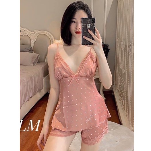 Bộ ngủ lụa 2 dây chấm bi kèm mút ngực viền ren gợi cảm hàng cao cấp