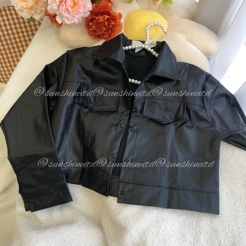 ÁO KHOÁC DA CROPTOP MÀU ĐEN NÂU NỮ JACKET FORM CHUẨN