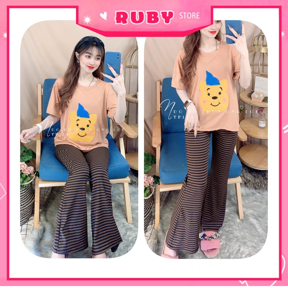 Đồ bộ thun dài ống loe trơn sọc hot chất thun mềm mát in hình vịt chuột gấu hoạt hình dễ thương TP114