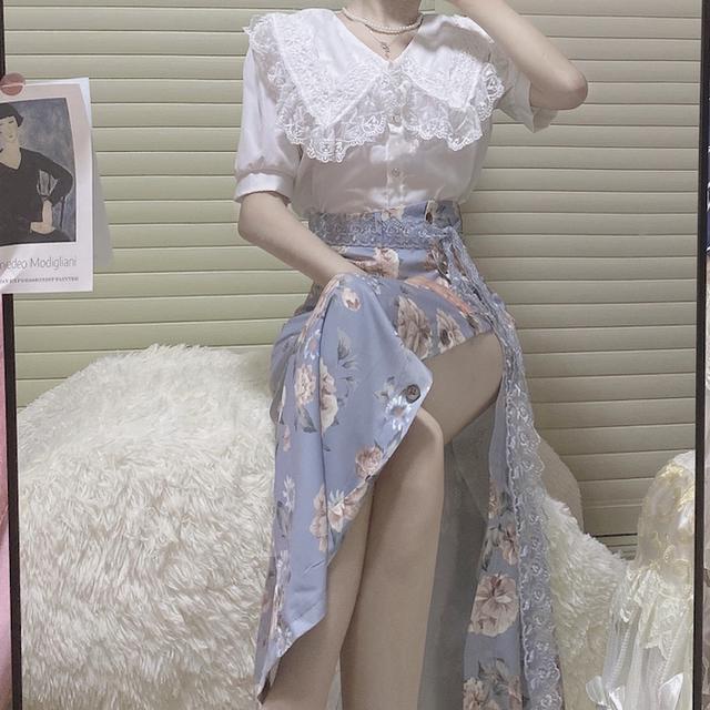 Set áo sơ mi tay ngắn cổ búp bê + chân váy in họa tiết thời trang mùa hè cho nữ