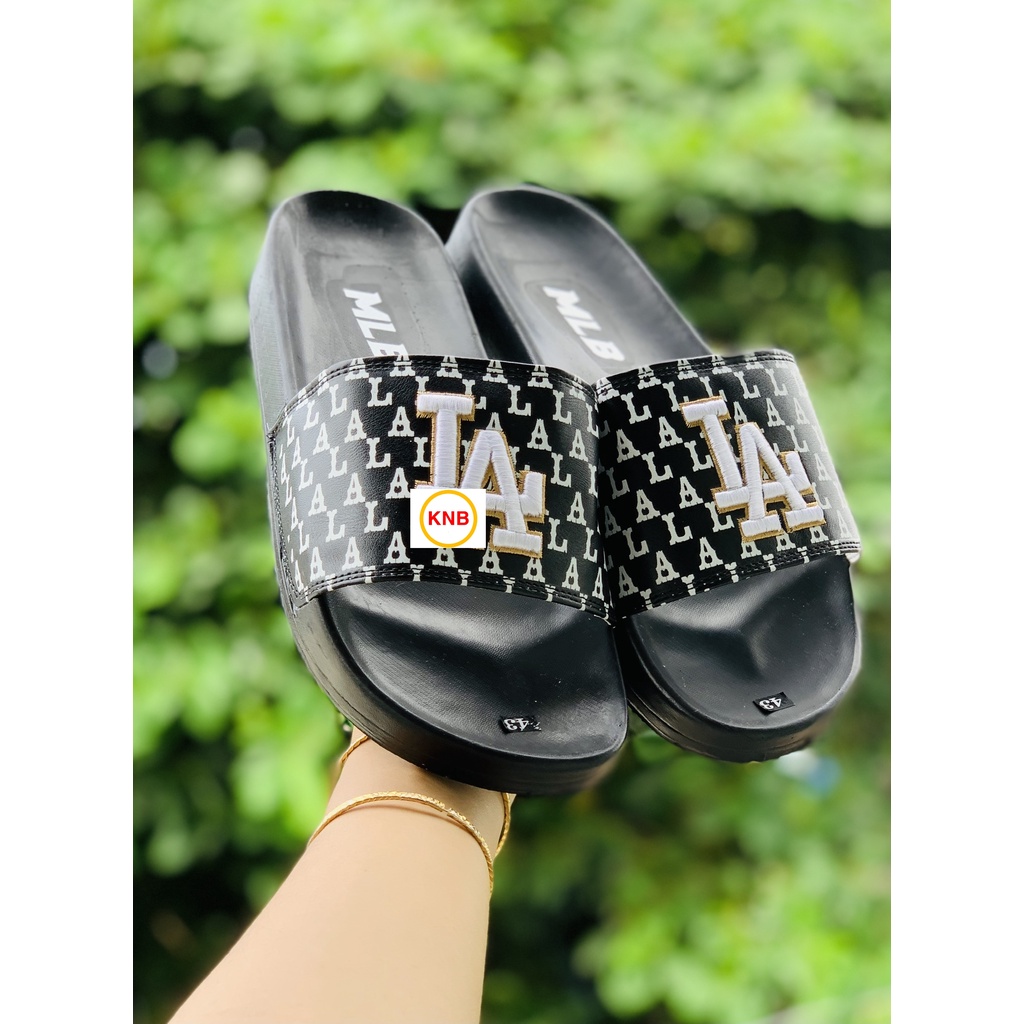 Dép 𝐌𝐋𝐁 UNISEX mẫu dép thể thao ❤️Freeship + Hộp ❤️ Dép LA bóng chày quai ngang nam nữ chữ thêu nỗi kèm tag mác full đen