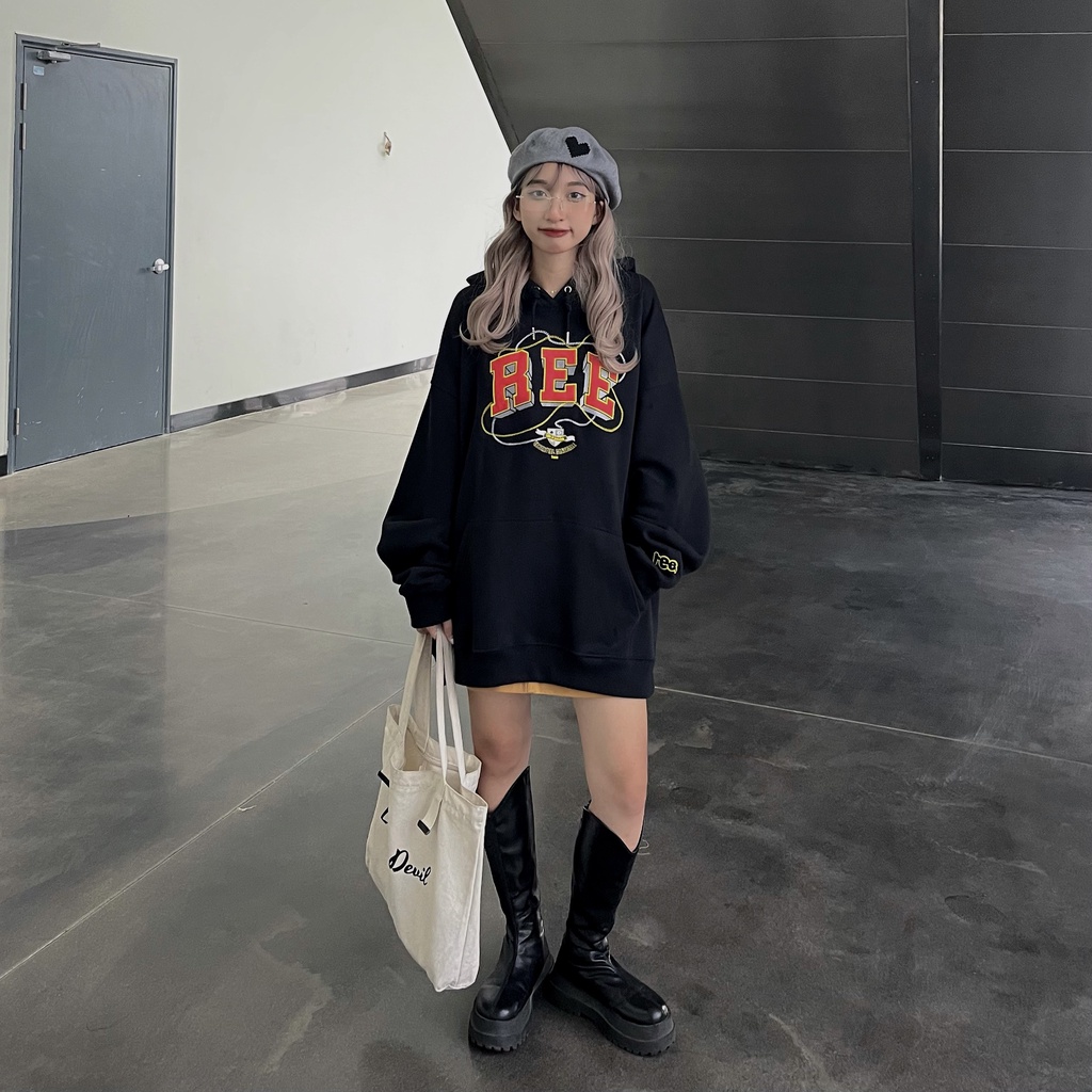 LOCAL BRAND REE - ÁO HOODIE BASIC THÊU DA MÀU ĐEN