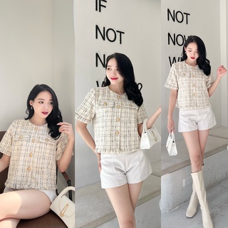 Áo dạ tweed viền rua gấu cúc đồng 2 lớp