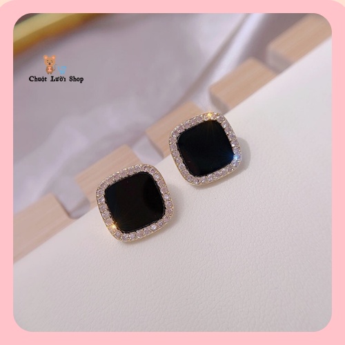 Khuyên tai, Bông tai Hình Vuông Đính Đá Màu Đen Sang Chảnh [CHUỘT LƯỜI SHOP]