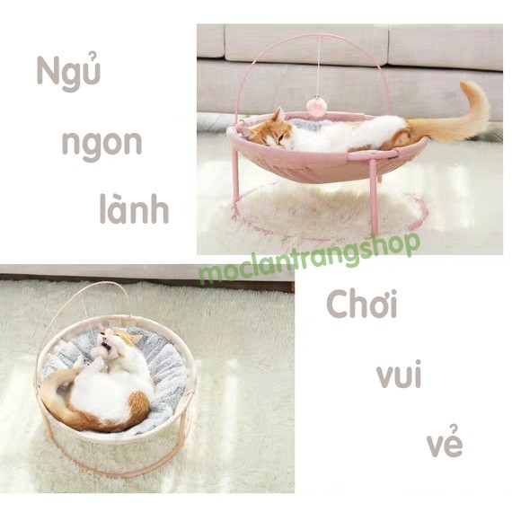 Giường đệm võng tròn HOOPET kèm quả bông cho mèo và cún cưng. Ổ chõng nằm ngủ cho mèo khung sắt tròn