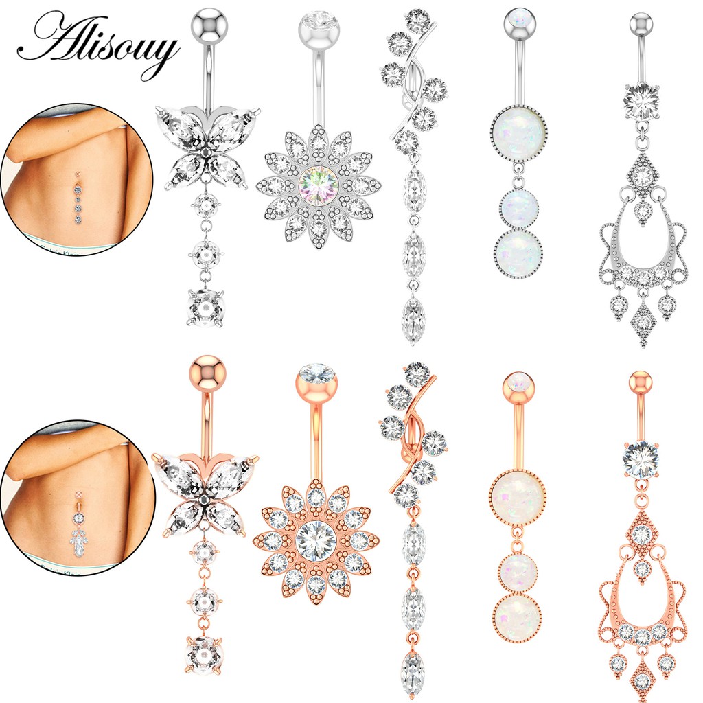 Alisouy 1 Khuyên Rốn Thép Không Gỉ Đính Đá cz Hình Hoa / Trái Tim 14g