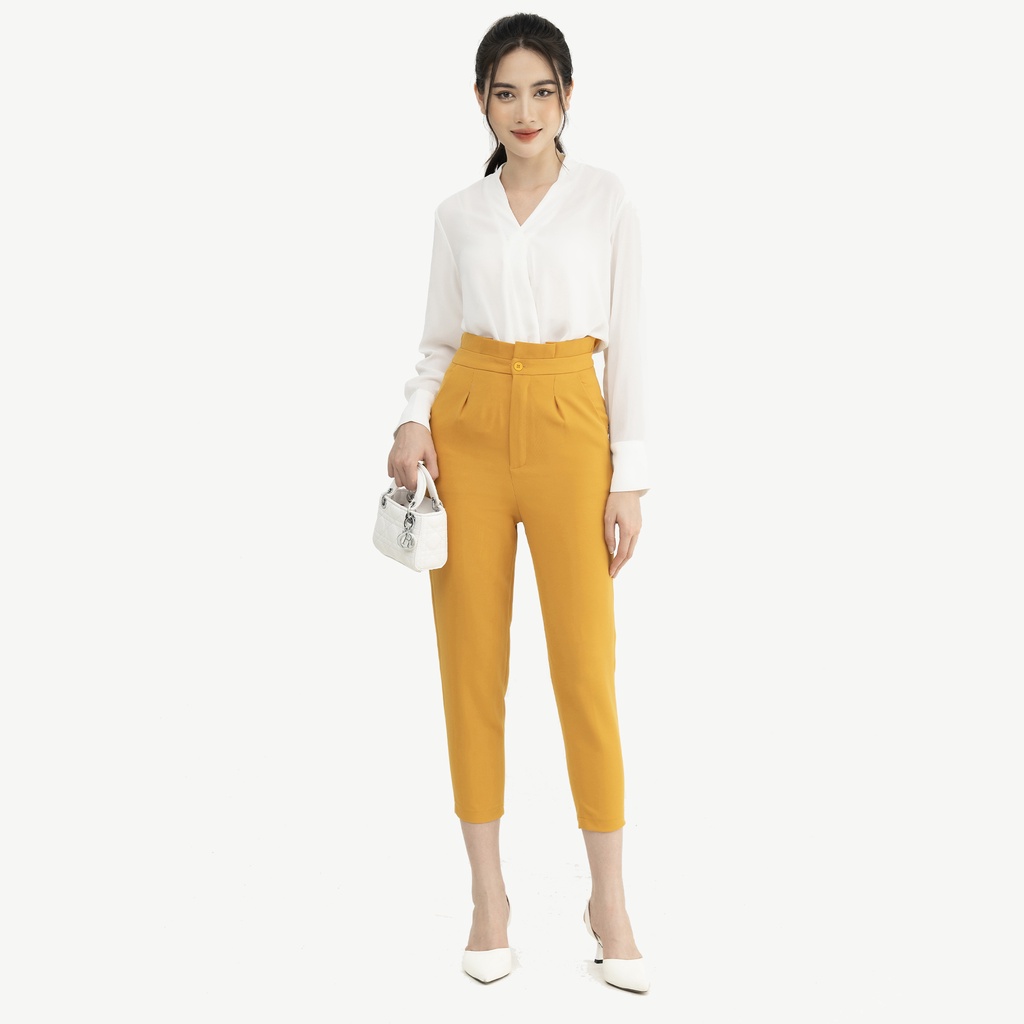Quần Tây Nữ Lưng Cao Baggy Công Sở Phối Eo Xếp Ly Hecci Màu Vàng Q06