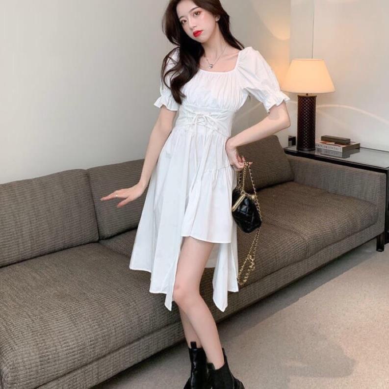 [NEW] Váy Suông Cổ Vuông Lệch Tầng Dáng Dài Ulzzang Váy Nữ Ngắn Tay Đan Dây Eo Mầu Trắng Tinh Khôi ( Hàng Sẵn)