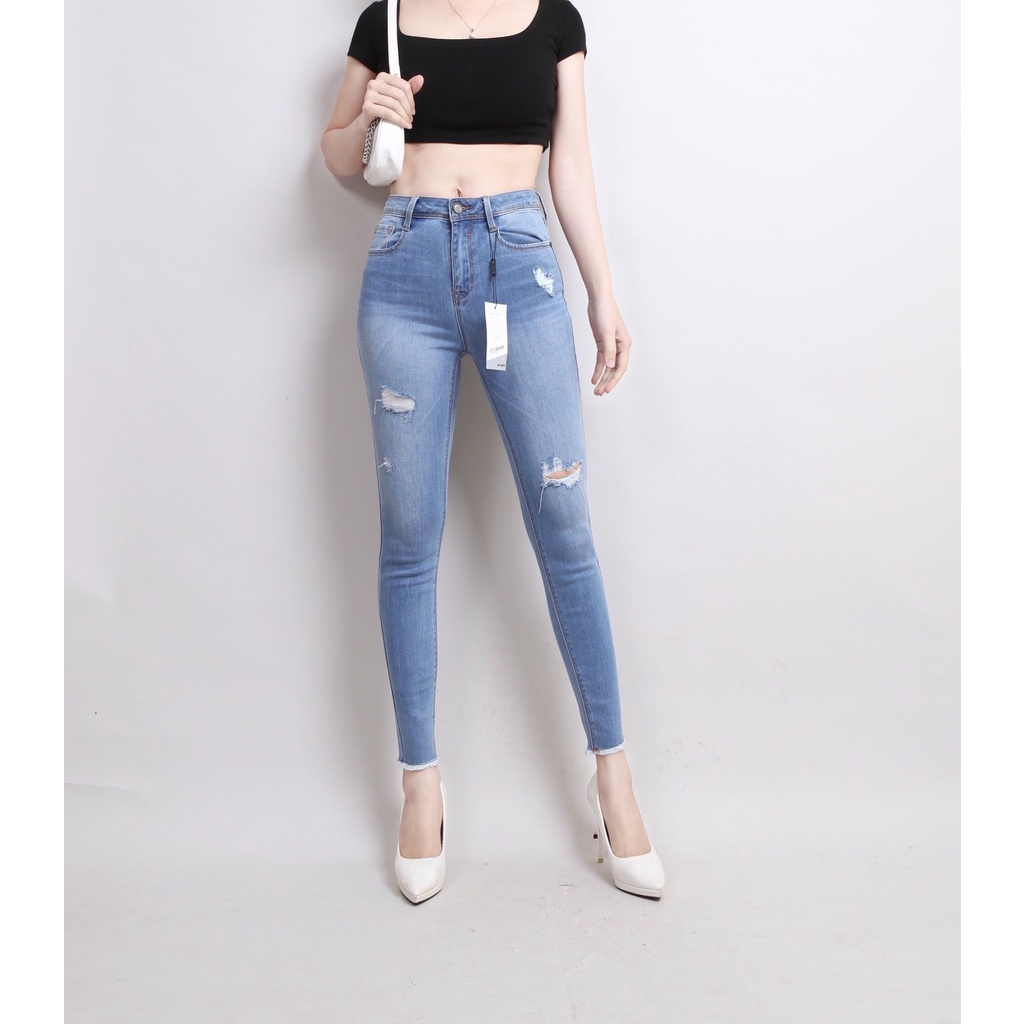 Quần Jean Nữ Skinny Cạp Cao co giãn Gấu Tua Rua Rách CT JEANS