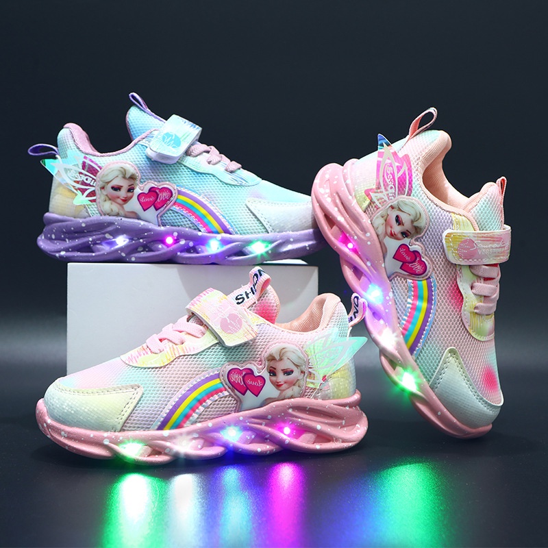 SUGE Size21-30 giày thể thao cho bé gái Đế Mềm Có Đèn Led Màu Hồng In Hình Elsa Frozen Thời Trang Cho Bé Gái Giày thể thao dạ quang chống thấm nước mới của các cô gái